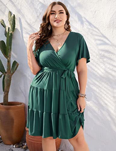 KOJOOIN Women Plus Size V Neck Wrap Dress High Waisted Short Sleeves Summer Casual Midi Dress with Belt3