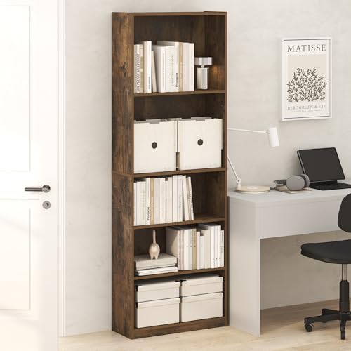 Image of Furinno Jaya Book Shelf, 5-Tier Tall Book Shelf, Bookcase with Open Shelving, Standing Bookshelf, 9.5 x 24.6 x 71.1, for Organization and Storage, for Home Office, Living Room, Amber Pine