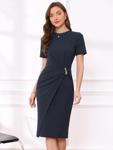 Allegra K Work Dresses for Women Short Sleeve Crew Neck Wrap Business Office Sheath Dress 20254
