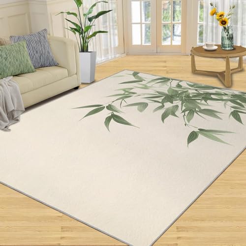 AUWUUA Tapis en Bambou 200 x 300 cm, Motif Feuilles de Bambou Vertes Chinoises, Lavable, pour Salon, Chambre à Coucher, Motif Peinture à l'encre Japonaise,...