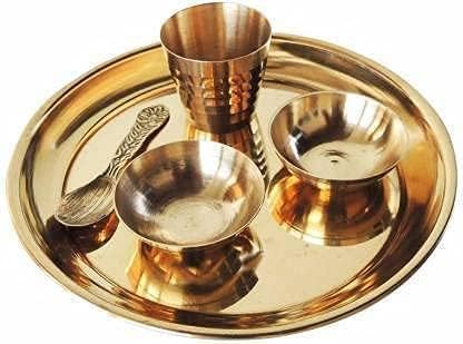 Image of Laddu Gopal ji Thakur Ji Krishna Brass Pooja Thali Set /Bhog Bartan /Prasad Bartan Small Utensils Set of 5 Pcs (Thali Size 3.5 cm) (0-3 Size)
