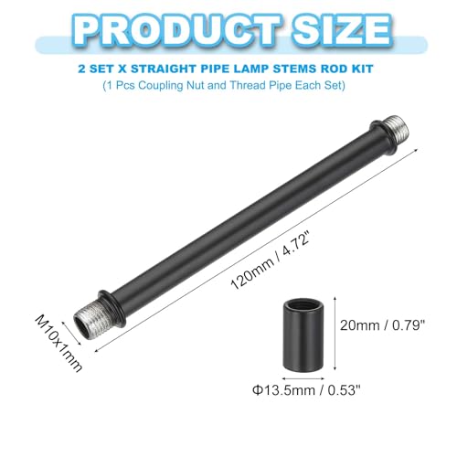 Image of PATIKIL Straight Pipe Lamp Stems Rod Kit, 2 Set M10 Carbon Steel 120mm(4.72 inch) Long Double End Thread Rod with Coupling Nuts Sleeve Connector for Table Lamps Chandeliers,Black