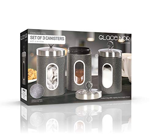 Daewoo Glace Noir Set of Three Stainless Steel Containers, Ideal for Tea, Coffee and Sugar, Easy Handle Lids to Keep Contents Fresh, Clear Window to See Inside, Black, One Size KAS1735 - Image 5