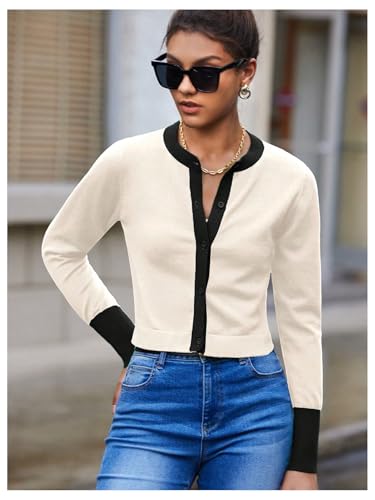 Image of WDIRARA Women's Button Front Crop Cardigan Sweaters Long Sleeve Contrast Trim Knit Cardigan Tops Apricot Small