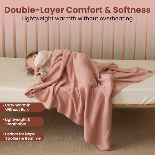 Image of Pointelle Double Layer 100% Tencel Baby Blanket - Breathable Temperature Regulating - Oeko-TEX Certified - 30x40 inch - Gift Box with Ribbon (Rose)