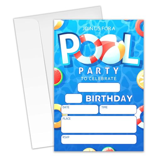 XZMBQ Pool Birthday Party Invitations - 20 Invitation Cards 4”x6” with 20 Envelopes - Summer Swimming Birthday Party Invitations.(024)