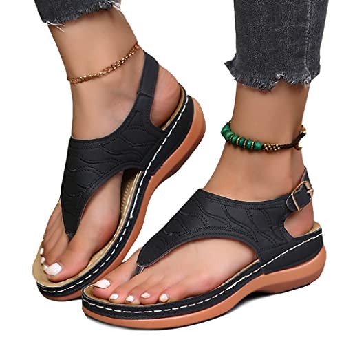 FJAUOQ Gladiator Sandals for Women, Orthopedic Sandals for Women with Arch Support, Roman Sandals for Women, Womens Low Wedges Sandals Flip Flops Anti-Slip for Beach Travel Vacation Casual Daily