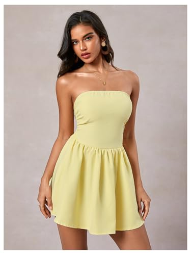 MakeMeChic Women's Summer Elegant Strapless Mini Dress with Bow Ruched Ruffle A Line Bandeau Party Mini Dress3