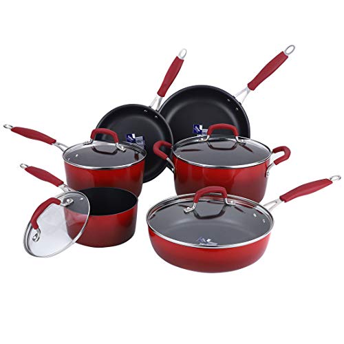 Momscook 10-Piece Classic Brights Hard Enamel Aluminum Nonstick Cookware Set with Silicone Handles