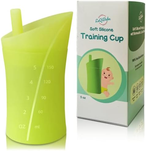 LuQiBabe Unbreakable Silicone Training Cup with Removable Lid and Straw (Kiwi Green) - Microwave and Freezer Safe BPA Free Food-Grade Silicone Water Drinking Cup
