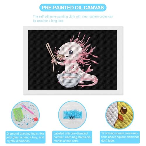 Cute Axolotl Eating Ramen Noodles DIY 5D Diamond Painting Kits Round Full Drill Picture Wall Art for Home Living Room Decoration
