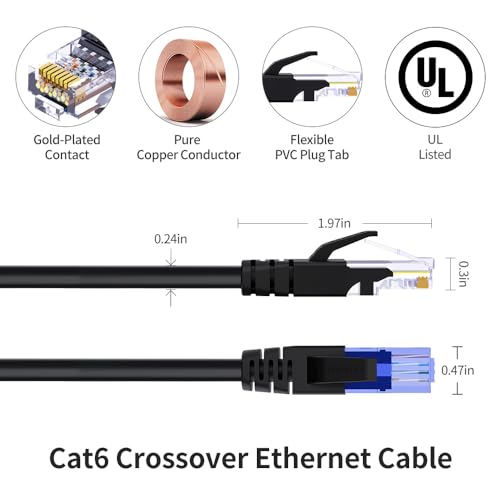 Image of Cat6 Crossover Ethernet Cable UTP 10FT T-568A to T-568B RJ45 Male to Male Unshield Network LAN Patch Cord, Black