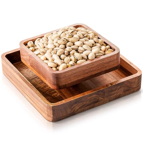 Qinyoung 1 Pcs Acacia Wood Pistachio Snack Bowl with Shell Storage Double Dish Holder Nut Bowl Pedestal for Sunflower Seeds and Snack