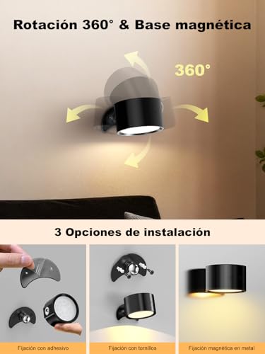 Apliques pared interior sin cable para evitar obras, pack de 2 lamparas negras regulables de 360° 6