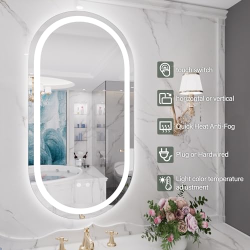 Image of WallBeyond LED Bathroom Mirror with Lights, 16 x 32 Inch Oval Led Bathroom Vanity Mirror for Wall with Front and Backlit, Anti Fog Mirror for Bathroom, 3 Colors and Dimmable Light, Horizontal /Vertical