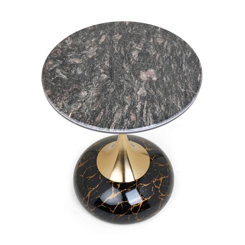 Image of Round Side Table with Marble Top, Brushed Golden Pedestal Base, Metal Base with Marble Effect, Modern Accent Table for Living Room, Bedroom (Midnight Black)