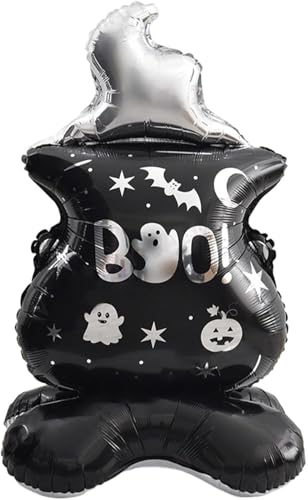Image of AMFIN (Pack of 1) 44 Inch Halloween Boo! Balloon Giant Self-Standing Foil Cauldron Balloon with Ghost & Pumpkin Design - Inflatable Party Decoration for Haunted House, Yard & Photo Booth - Black