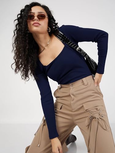 Image of sassafras Women's Slim Fit Full Sleeves Rib Square Neck Ribbed Basics - Casual Ribbed T-Shirt Tops