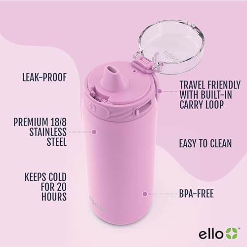 Image of Ello Cooper 18oz Kids Stainless Steel Water Bottle with Straw and Carry Handle, Double Walled and Vacuum Insulated Metal, Leak Proof Locking Lid with Soft Silicone Spout, Reusable, BPA Free, Bubblegum