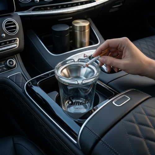 Image of NYRWANA Glass Ashtray with Stainless Steel Funnel | Portable Cigarette Ashtray | Windproof Ash Cup Holder for Home, Office, Bar, Living Room, Patio & Smoking Area | Clear Glass