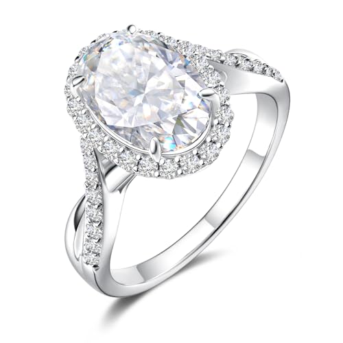 4ct Moissanite Engagement Ring for Women, 8x12mm Center Stone Oval Cut D Color VVS1 Moissanite Wedding Promise Ring, 925 Sterling Silver Anniversary Bridal Luxurious Jewelry Gift for Her