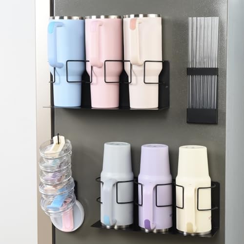 OTraki 4Pcs Magnetic Cup Holder for Full Stanley 30/40 oz Tumbler, Water Bottle Holder with Tumbler Lid & Straw Organizer for Kitchen, Pantry Storage for Stanley Cup Accessories, Black