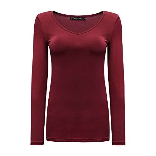 OThread & Co. Women's Long Sleeve T-Shirt V-Neck Basic Layer Stretchy Shirts (Large, Burgundy)