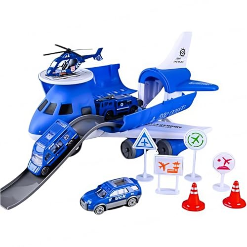 Image of FunBlast Police Airplane Toy Set - Big Aircraft with 4 Police Vehicles, Helicopter, Road Signs & Cones, DIY Firefighter Playset for Kids, Educational Role Play Toy for Boys & Girls (Blue)