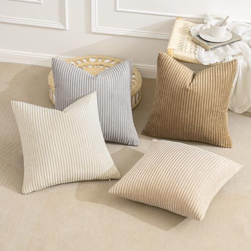 Image of MIULEE Boho Farmhouse Throw Pillow Covers 18x18 Inch Set of 4 Neutral Rustic Decorative Cushion Covers Soft Corduroy Nordic Home Decor for Couch Bed Sofa Living Room
