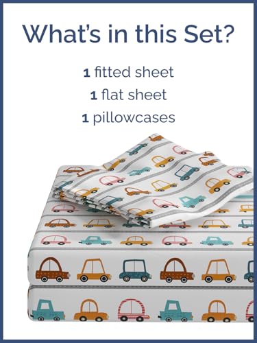 Image of Kids Twin Size Cute Cars Bed Sheets - 3 Piece Kids Cute Cars Sheet Set