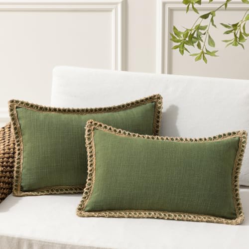 Phantoscope Pack of 2 Farmhouse Decorative Throw Pillow Cover Solid Burlap Linen Trimmed Tailored Edges, Olive Green, 12 x 20 inches, 30 x 50 cm