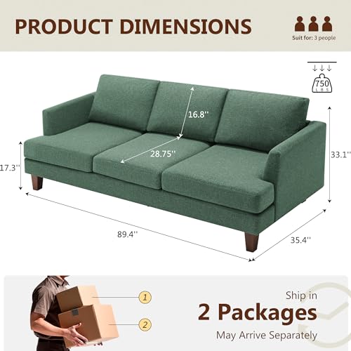 3 Seater Sofa Couch with Deep Seats, 89" Mid Century Modern Upholstered Sofa with Armrests, Comfy Couches for Living Room, Bedroom, Apartment and Office (Green) - Image 3