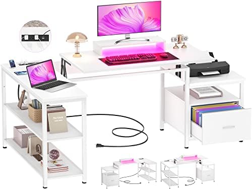 Aheaplus L Shaped Desk with Power Outlet, Standing Home Office Desk with Lift Top and File Drawer, 63” Corner Computer Desk with Monitor Stand&Printer Shelves, Gaming Desk with Led Lights, White