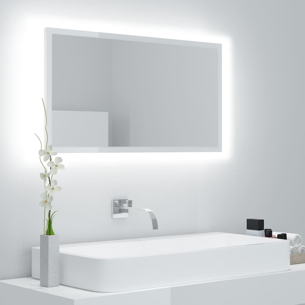 Lustro łazienkowe LED wysoki połysk białe 80 x 8,5 x 37 cm akryl, szafki i przechowywanie, szafki pod umywalkę, szafki łazienkowe