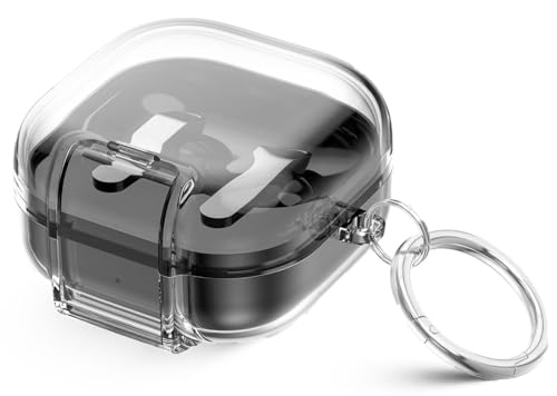 Image of Hybrid Transparent Case for Samsung Galaxy Buds 4 and 4 Pro with Metal Keyring, Built-in Phone Stand, Locking-Switch Cover (Transparent, Clear Lock with Stand)