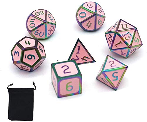 DollaTek 7Pcs poliédricos DND Juego de Dados de Metal sólido con Bolsa de Almacenamiento y aleación de Zinc con Esmalte para Juegos de rol Mazmorras y Dragones (Colorido Rosa)