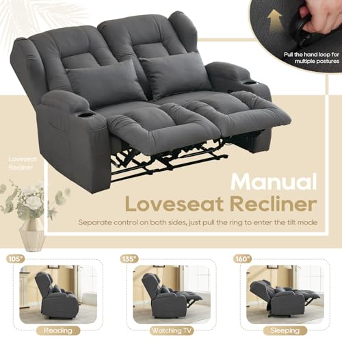Image of IPKIG 54.2 inch RV Loveseat Recliner Sofa, Leathaire Fabric Wall Hugger Reclining Chair with Cup Holder and Side Pockets, Home Theater Seating Manual Recliner for Living Room (Grey, Loveseat)