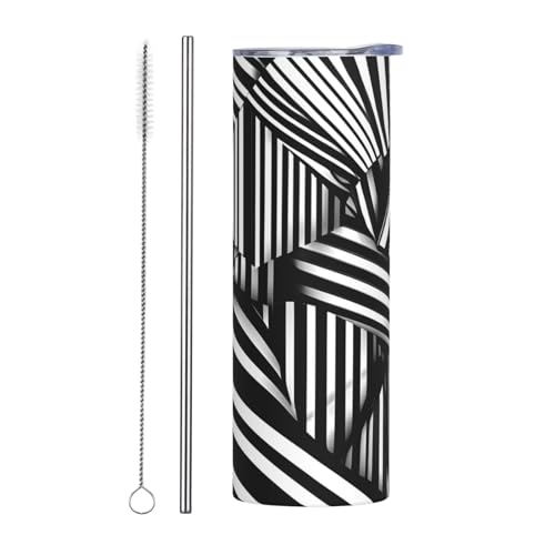 QAZWZML Taza de viaje de acero inoxidable con líneas geométricas en blanco y negro con un cuerpo recto impreso, adecuada tanto para bebidas frías como calientes