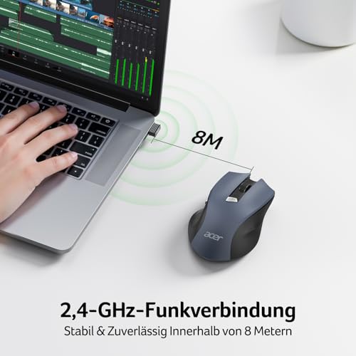 acer Maus Kabellos, 2.4GHz 1600 DPI Funkmaus, 3 Einstellbare DPI Wireless Mouse mit 6 Tasten, Batteriebetriebene Kabellose Maus für Laptop, PC und MacBook, Empfohlen für Rechtshänder