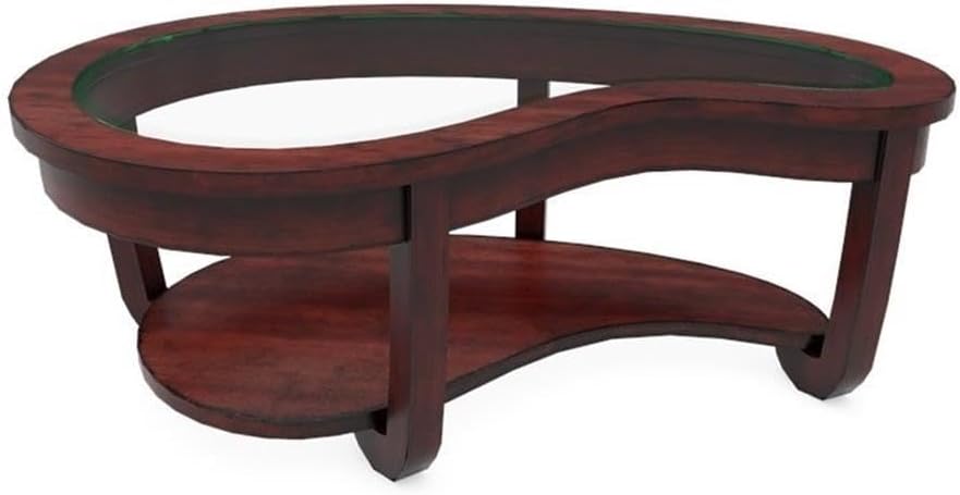 BOWERY HILL Coffee Table, 51" W x 35" D x 19" H, Solid Wood and MDF with Glass Inserts, Dark Cherry Finish, Transitional Style, Elegant Curving Shape, Lower Shelf for Storage, Living Room Furniture