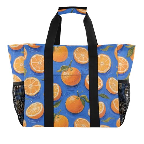 Orange Fruit Blue Art Painting Utility Bag For Trunk Foldable Sandproof Canvas Beach Bags