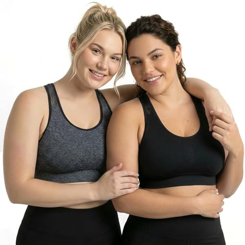 Image of Under Control Plus Size Sport Bras for Women Large Bust Seamless Racerback Padded Yoga Workout Bras Black White Pack 1X-2X-3X
