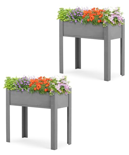 Image of SoliWood Set of 2 Raised Garden Bed with Legs, 31x16x31'', Outdoor Wood Elevated Planter Box, Grey Cedar, Thick Legs, w /Liner