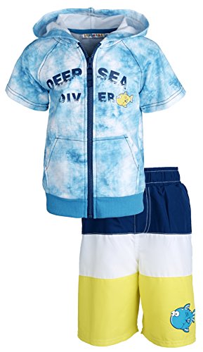 Wippette Little Boys Swim Trunk Board Shorts and Knit Hooded Coverup Beach Set - Blue (Size 2T)