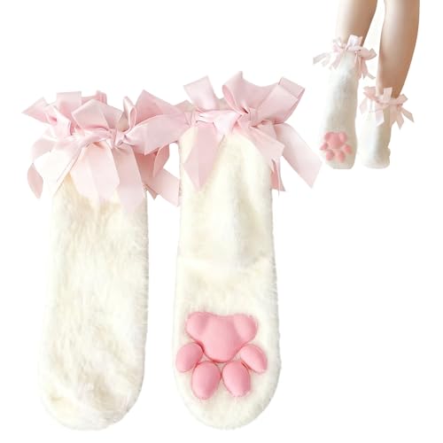 HOMEGYMFREE Fuzzy Cat Paw Socks Soft 3D Paw Pad Toe Beans Short Socks for Women(White)