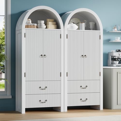 Image of FURSUN 71 inch Tall Fluted Arched Cabinet Set of 2, Wood Pantry Storage Cabinet with 2 Large Drawers, Modern Versatile Bookcase for Living Room, Kitchen, Dining, White