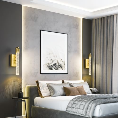 Image of Gold LED Wall Sconce Set of Two with Bubble Crystal Stick Wall Light Modern Bathroom Vanity Light Fixture for Bedroom Bedside Hallway