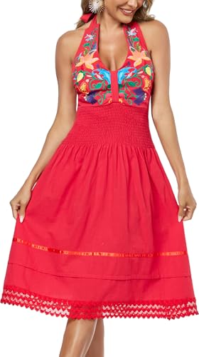 Image of Womens Mexican Floral Embroidered Halter Maxi Dress Side Slit Boho Dress