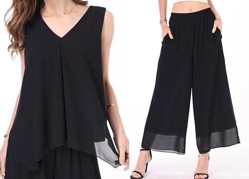 Women's 2 Piece Chiffon Sets Outfits Flowy Summer Casual Dressy Pantsuits Double Layers Blouse Capris Pants Suits2