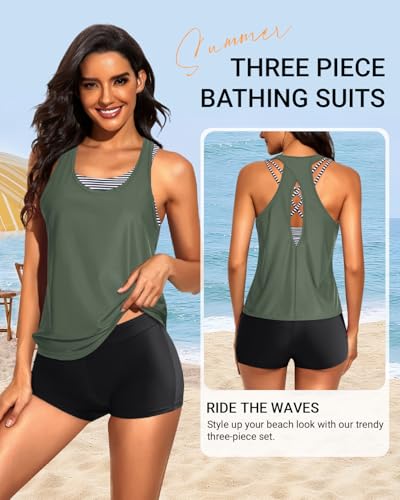 Image of Tempt Me 3 Piece Tankini Swimsuits for Women Athletic Bathing Suits Swim Tank Top with Boy Shorts and Bra Modest Swimwear